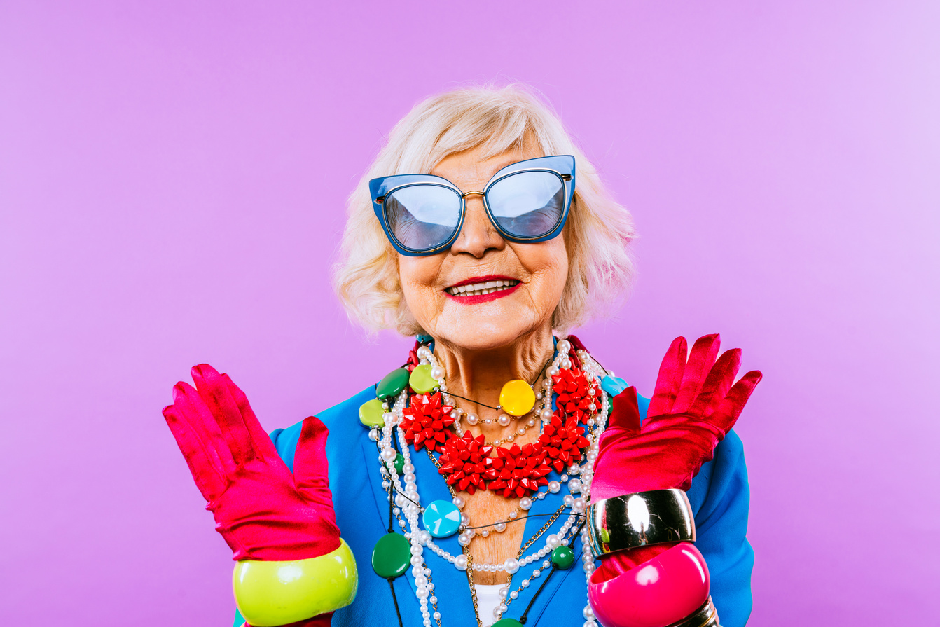 Cool and Stylish Senior Old Woman with Fashionable Clothes